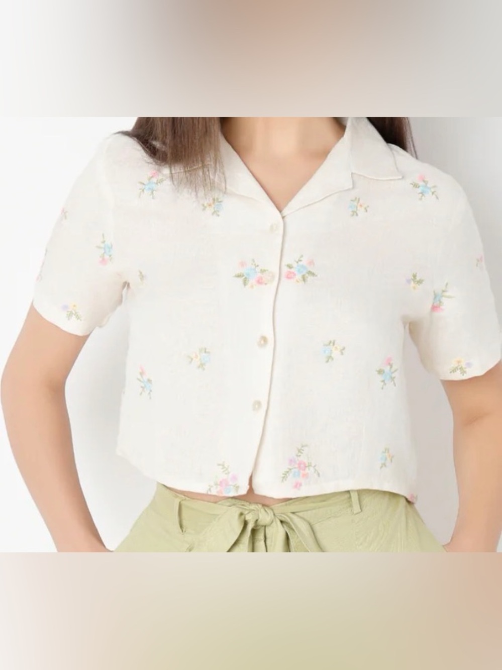 Style & Co. Cream Floral Embroidered Button-Up Women's Top